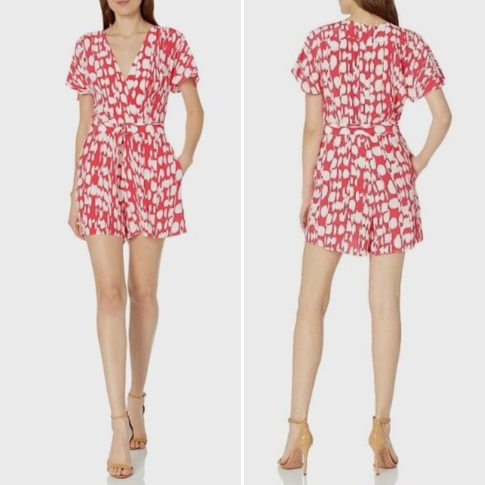 French Connection Baez Drape Printed Playsuit Romper Lollipop Red Multi Size‎ 0